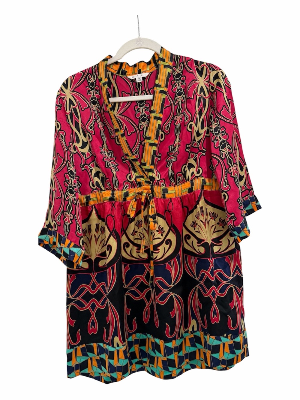 CAbi Silk Top Tunic Medium Floral Boho Kimono Tie Waist V Neck Silky